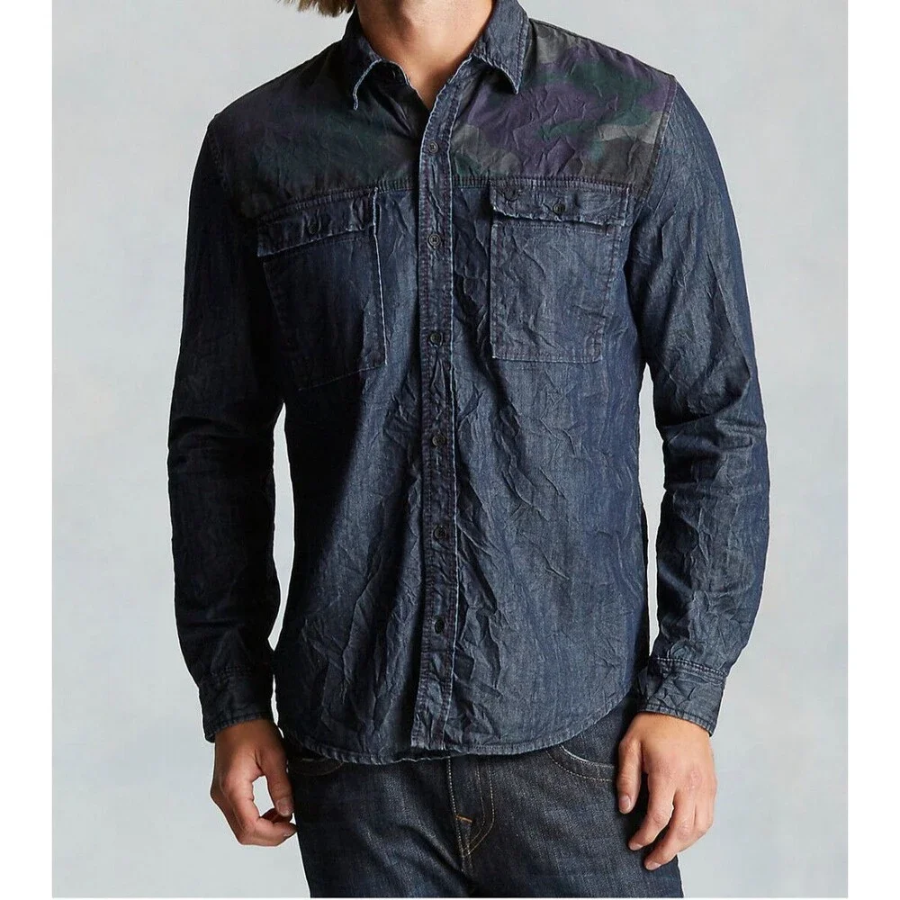 New Mens NWT True Religion Jeans Designer Denim Camo Shirt Button Down S Blue